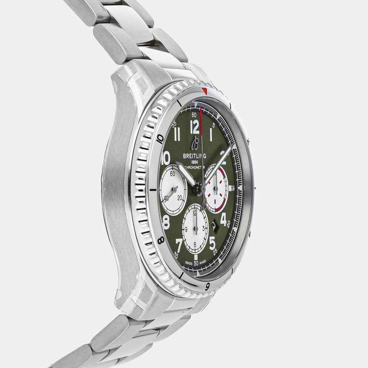 Pre Owned Breitling Aviator AB01192A1L1A1 Automatic Green Stainless Steel Men’s Wristwatch 43mm