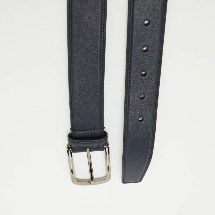 Pre Owned Brioni Navy Blue Leather Buckle Belt 110CM