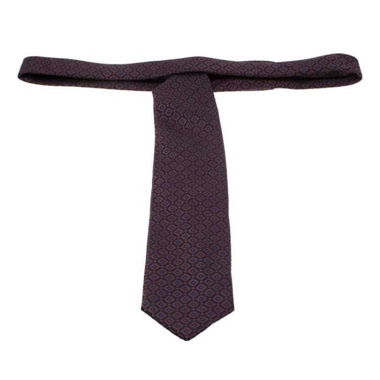 Pre Owned Brioni Navy Blue and Bronze Diamond Pattern Silk Jacquard Tie