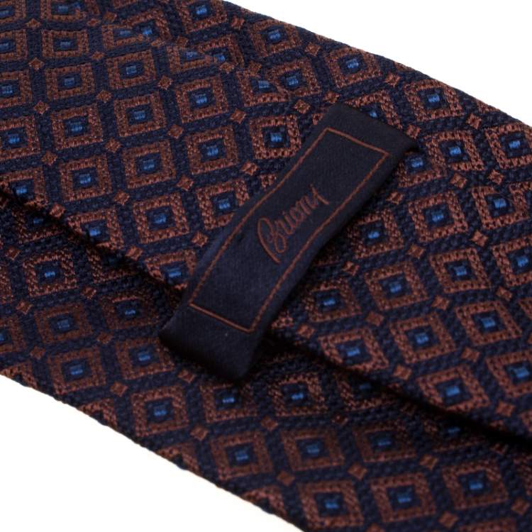 Pre Owned Brioni Navy Blue and Bronze Diamond Pattern Silk Jacquard Tie