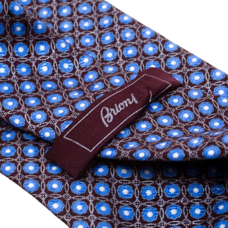 مملوكة مسبقًا Brioni Burgundy and Blue Floral Motif Silk Jacquard Tie