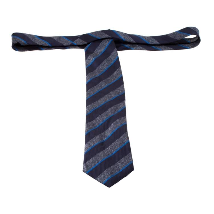 Pre Owned Brioni Navy Blue and Grey Diagonal Striped Silk Jacquard Tie