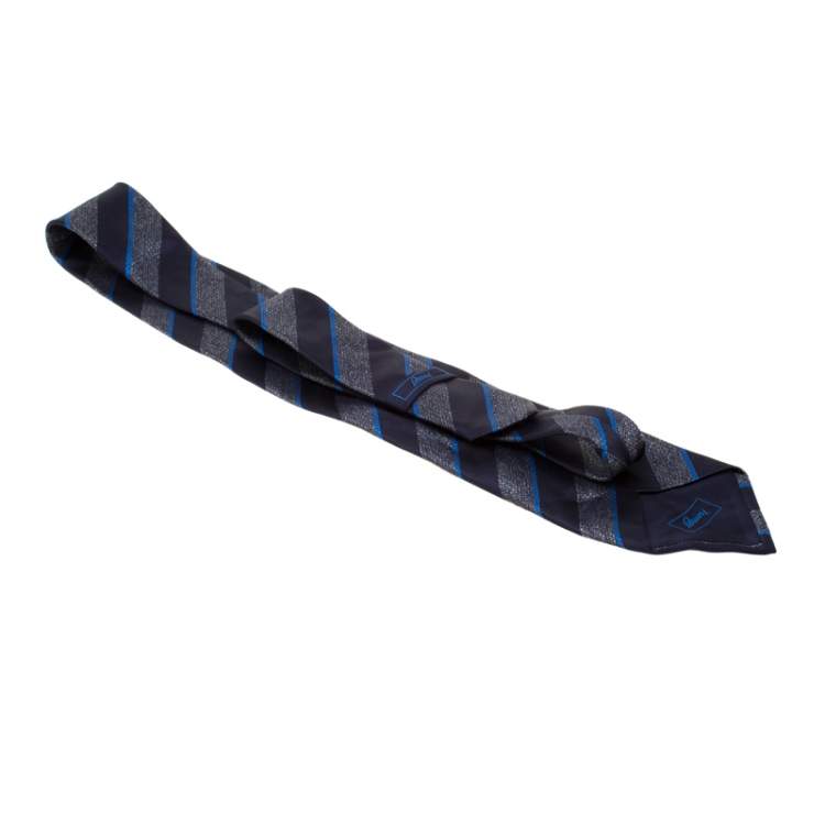 Pre Owned Brioni Navy Blue and Grey Diagonal Striped Silk Jacquard Tie
