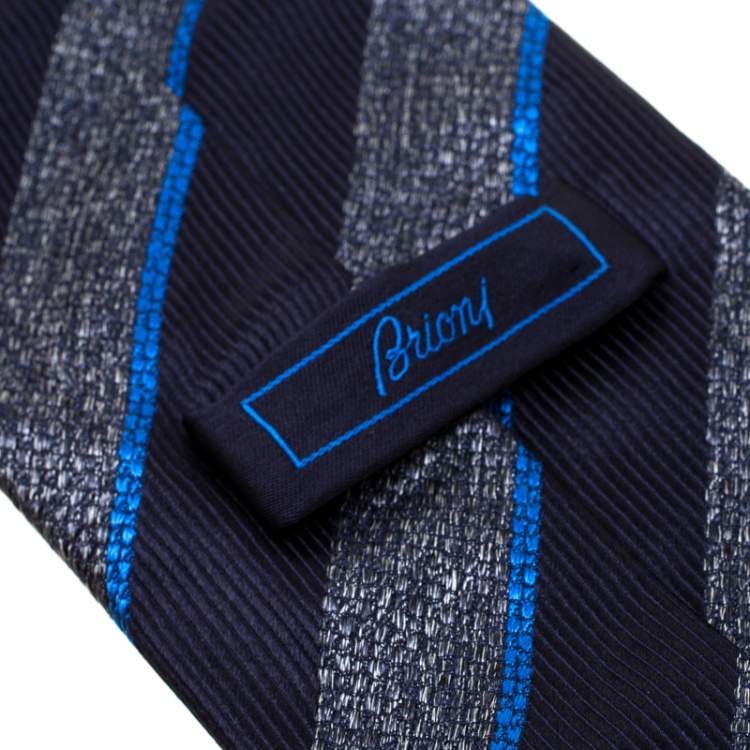 Pre Owned Brioni Navy Blue and Grey Diagonal Striped Silk Jacquard Tie