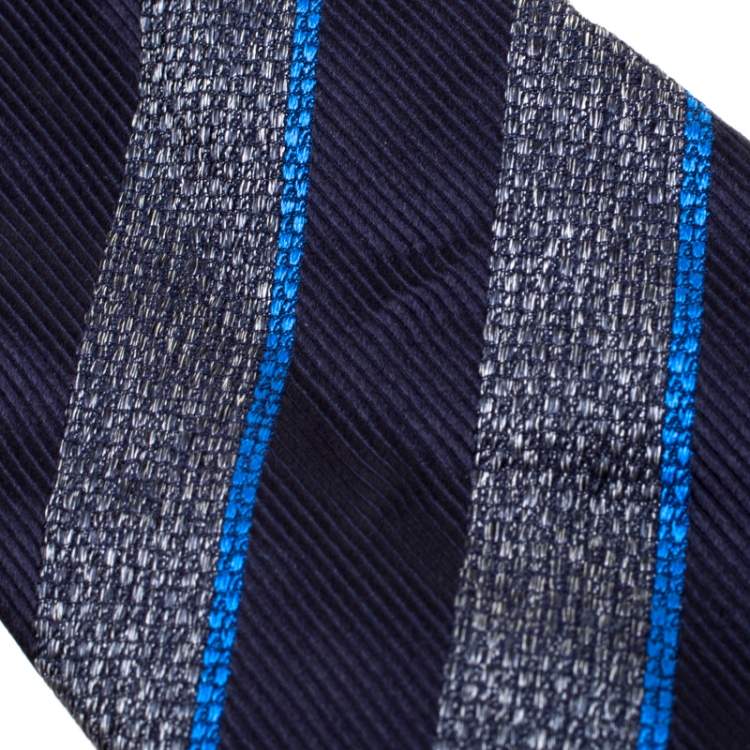 Pre Owned Brioni Navy Blue and Grey Diagonal Striped Silk Jacquard Tie