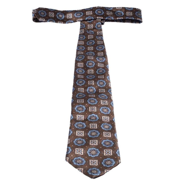Pre Owned Brioni Vintage Brown Floral and Geometric Print Silk Tie