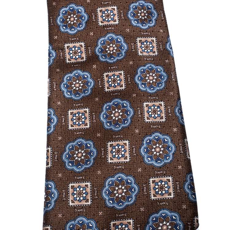 Pre Owned Brioni Vintage Brown Floral and Geometric Print Silk Tie