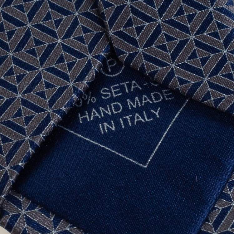 مملوكة مسبقًا Brioni Blue Geometric Patterned Silk Tie and Pocket Square Set