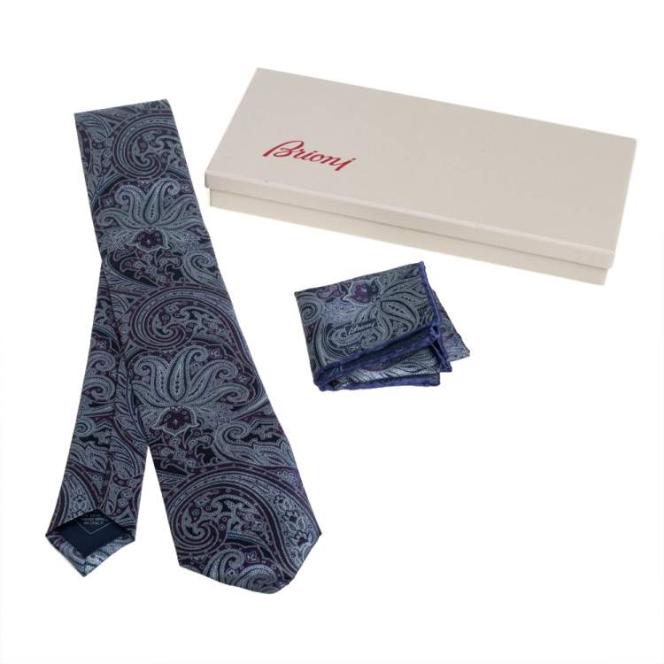 Pre Owned Brioni Blue Paisley Print Silk Tie and Pocket Square Set