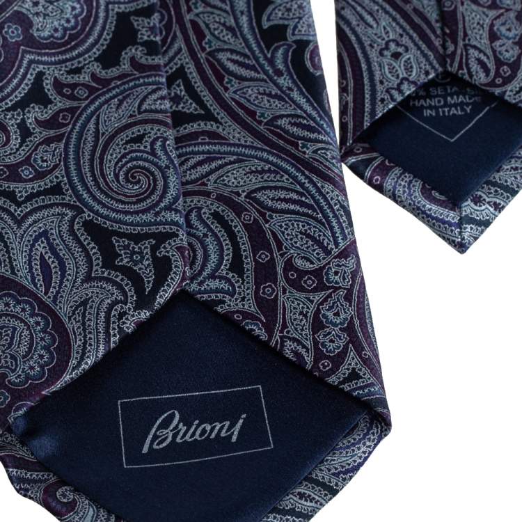 Pre Owned Brioni Blue Paisley Print Silk Tie and Pocket Square Set