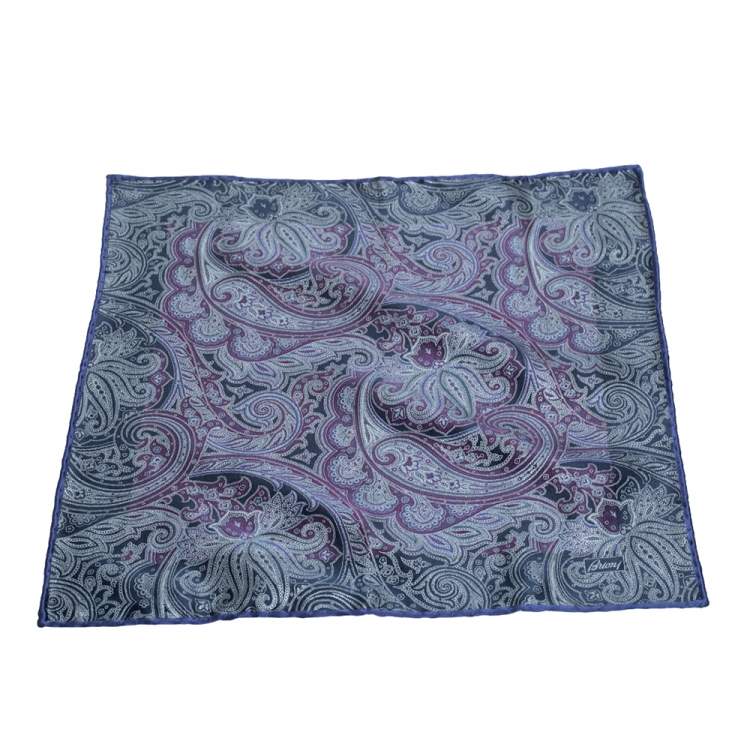 Pre Owned Brioni Blue Paisley Print Silk Tie and Pocket Square Set