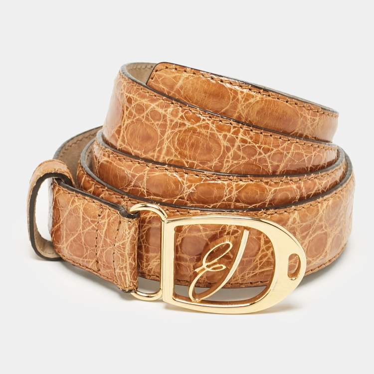 Pre Owned Brioni Tan Crocodile Logo Buckle Belt 100CM