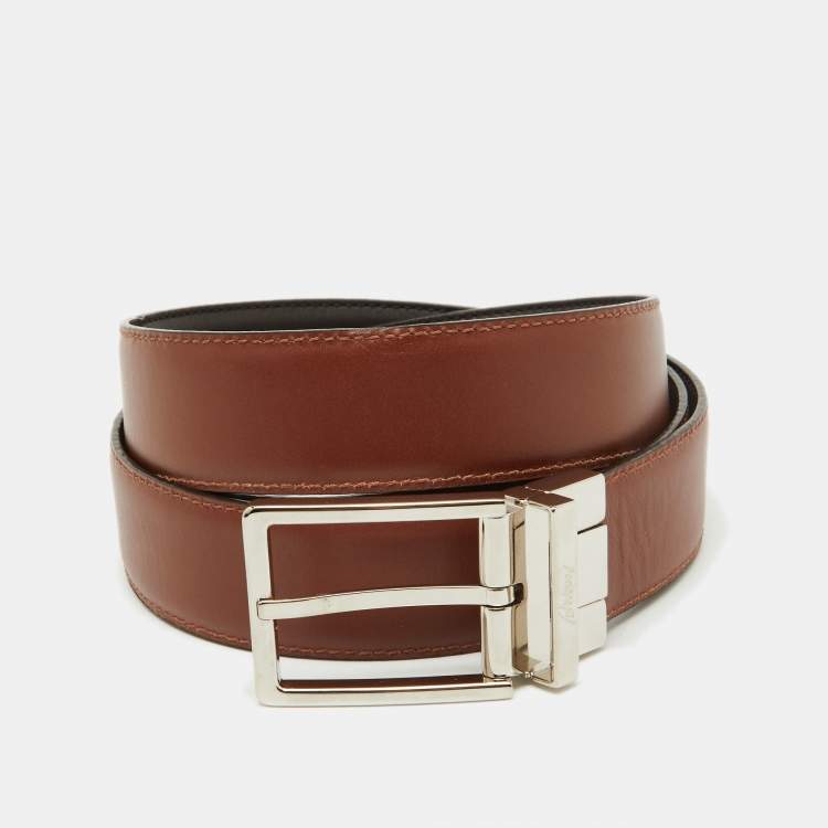 Pre Owned Brioni Dark Brown Leather Cut to Size Reversible Buckle Belt