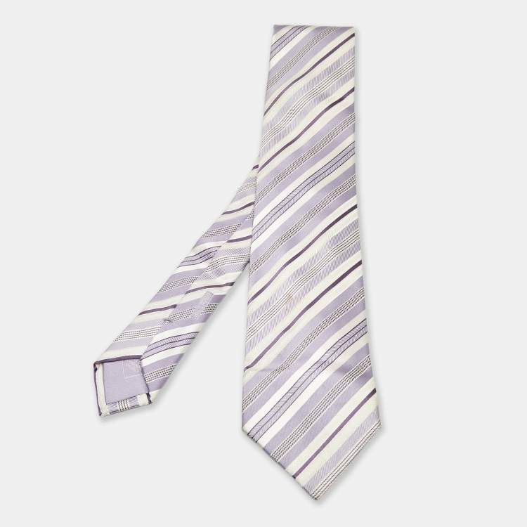 Pre Owned Brioni Purple/White Diagonal Striped Silk Tie