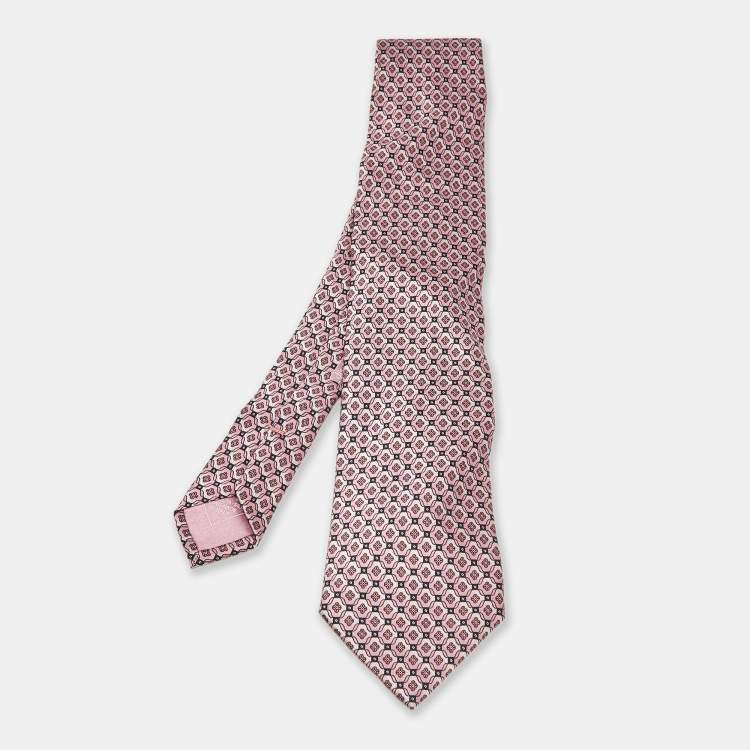 Pre Owned Brioni Pink Striped Floral Print Silk Tie