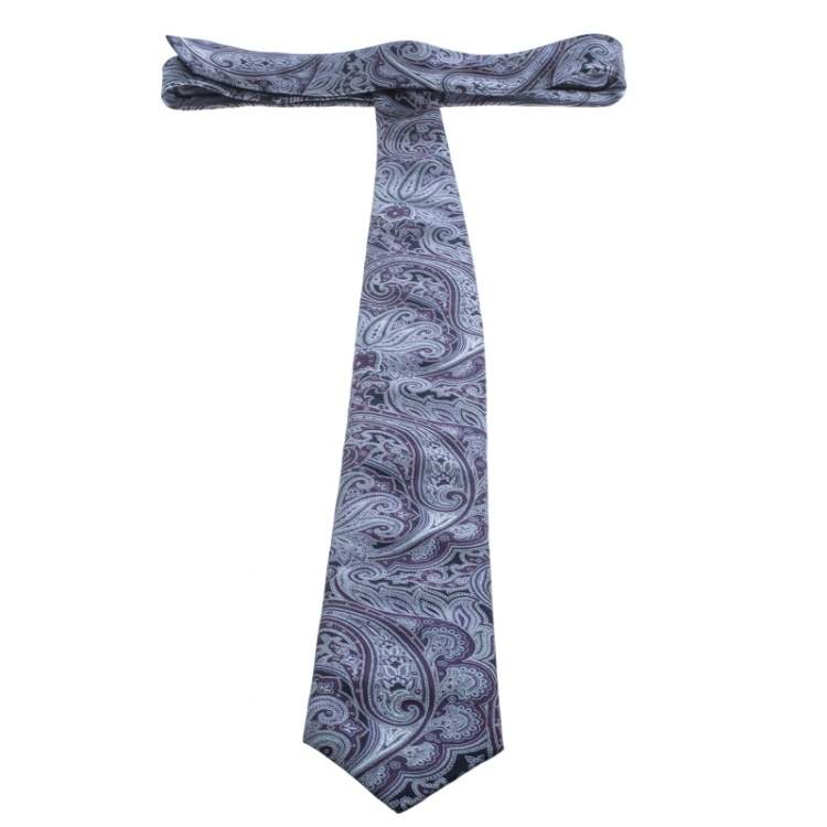 Pre Owned Brioni Navy Blue and Purple Paisley Printed Silk Tie