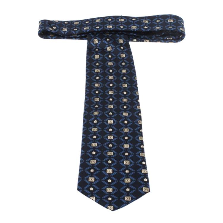 Pre Owned Brioni Vintage Blue Geometric Print Silk Tie