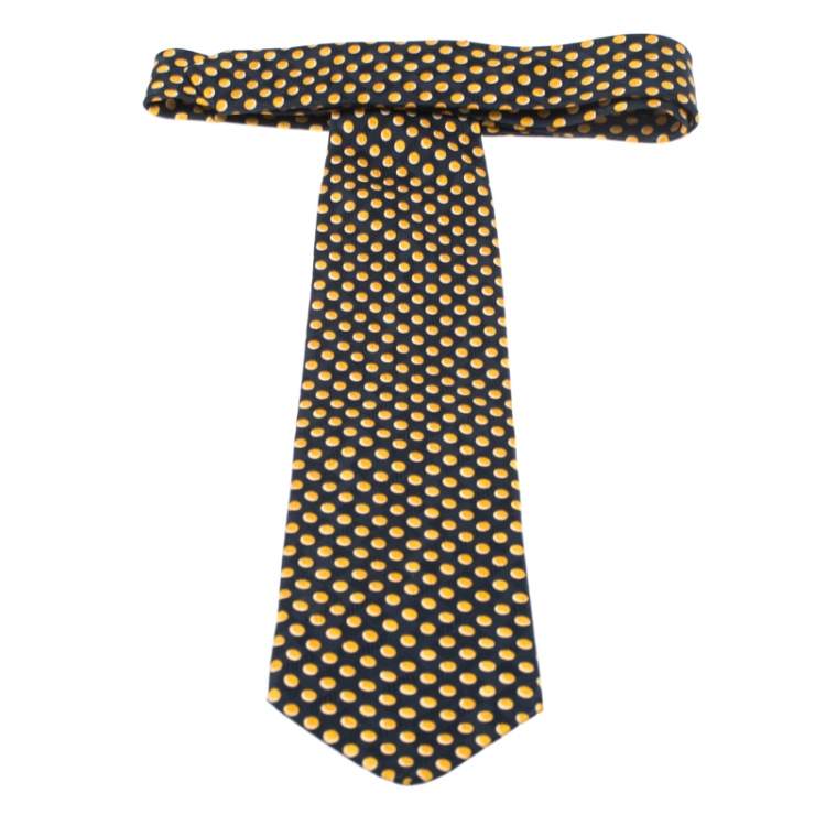 Pre Owned Brioni Vintage Blue and Yellow Polka Dot Print Silk Tie