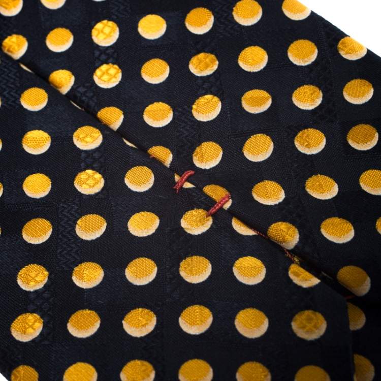 Pre Owned Brioni Vintage Blue and Yellow Polka Dot Print Silk Tie
