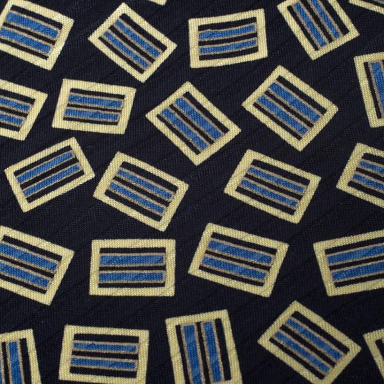 مملوكة مسبقًا Brioni Vintage Navy Blue & Yellow Printed Silk Traditional Tie