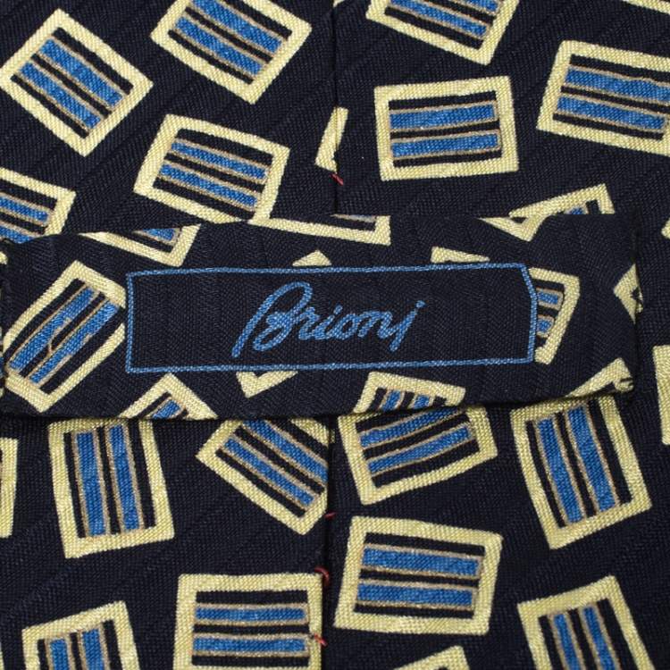مملوكة مسبقًا Brioni Vintage Navy Blue & Yellow Printed Silk Traditional Tie