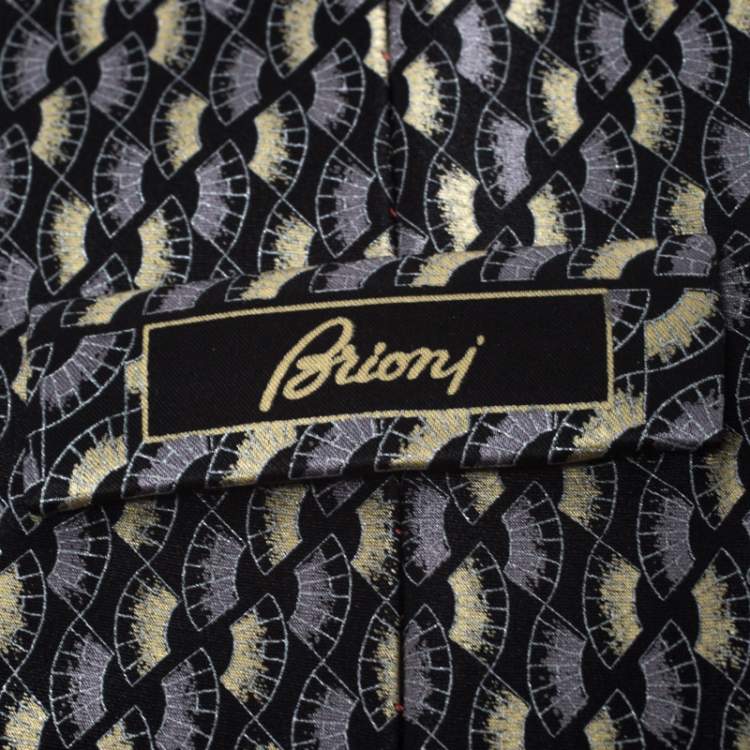 Pre Owned Brioni Vintage Black & Metallic Foil Print Motif Silk Tie
