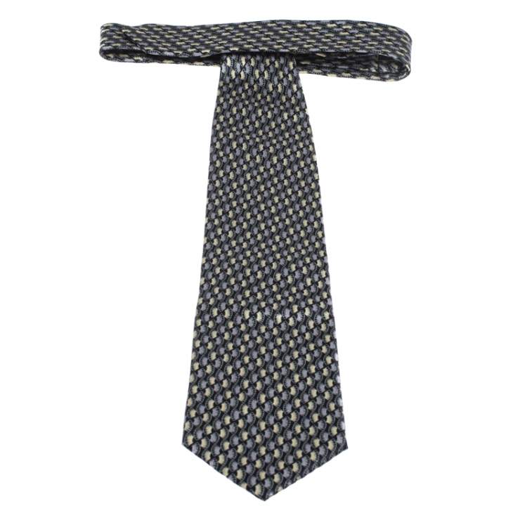 Pre Owned Brioni Vintage Black & Metallic Foil Print Motif Silk Tie
