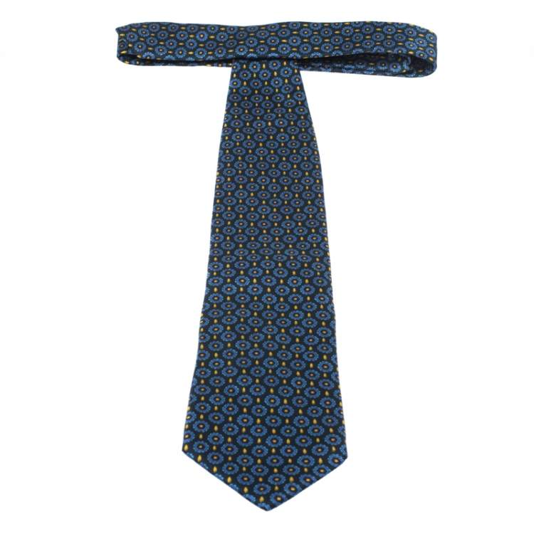 Pre Owned Brioni Vintage Blue & Yellow Flame Print Silk Tie