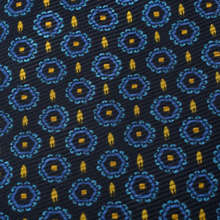 Pre Owned Brioni Vintage Blue & Yellow Flame Print Silk Tie