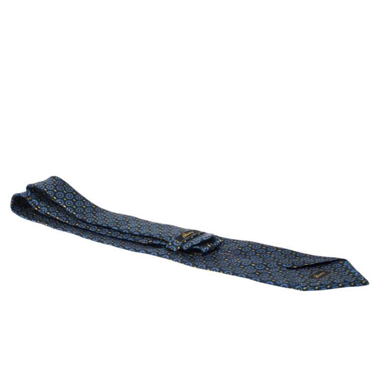 Pre Owned Brioni Vintage Blue & Yellow Flame Print Silk Tie