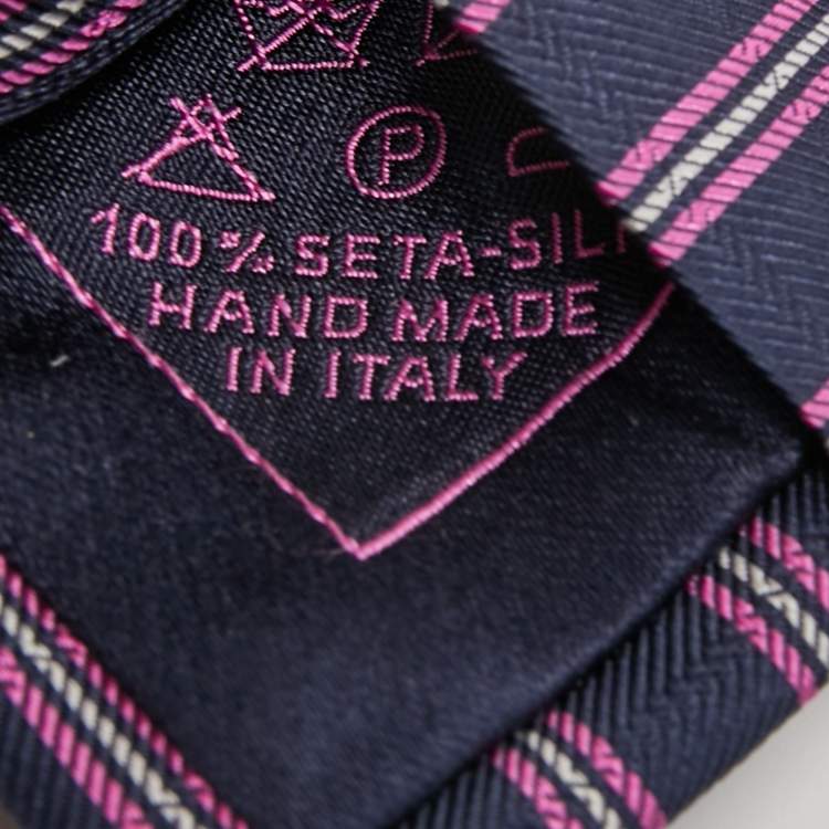 Pre Owned Brioni Navy Blue & Pink Striped Jacquard Silk Tie