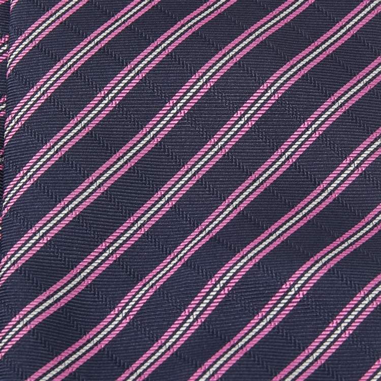 Pre Owned Brioni Navy Blue & Pink Striped Jacquard Silk Tie