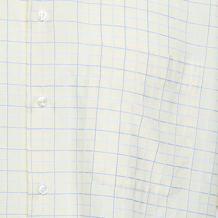 Pre Owned Brioni  Pale Yellow Checkered Cotton Short Sleeve Button Front Shirt XXL