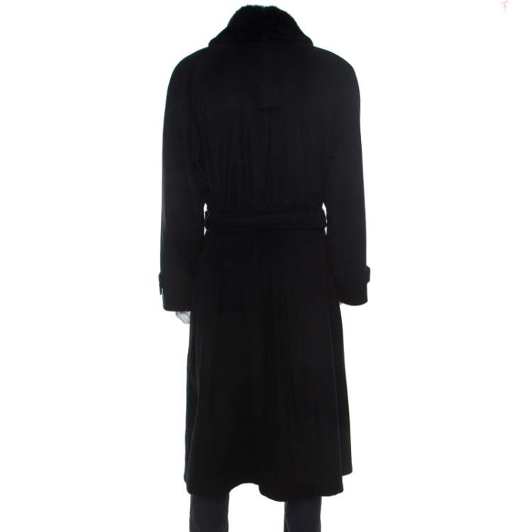 Pre Owned Brioni Black Cashmere Detachable Fur Collar Detail Belted Long Coat XXL