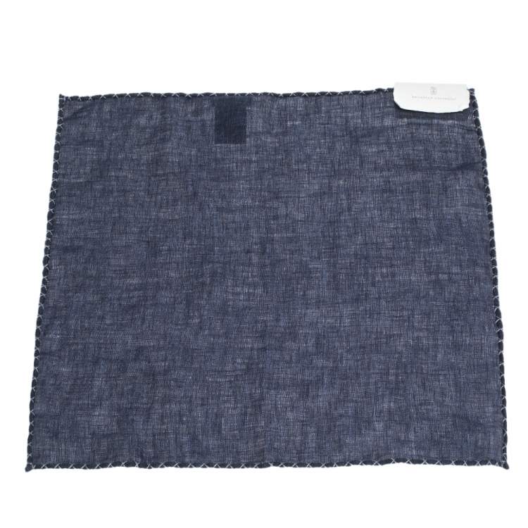 Pre Owned Brunello Cucinelli Navy Blue Cross Stitch Detail Linen Pocket Square