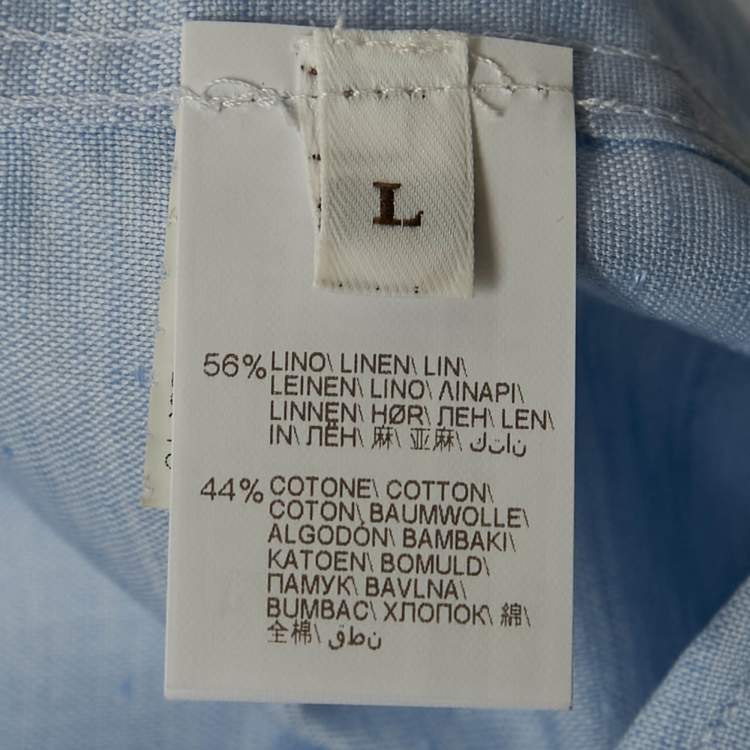 Pre Owned Brunello Cucinelli Light Blue Patterned Linen Blend Half Sleeve Shirt L