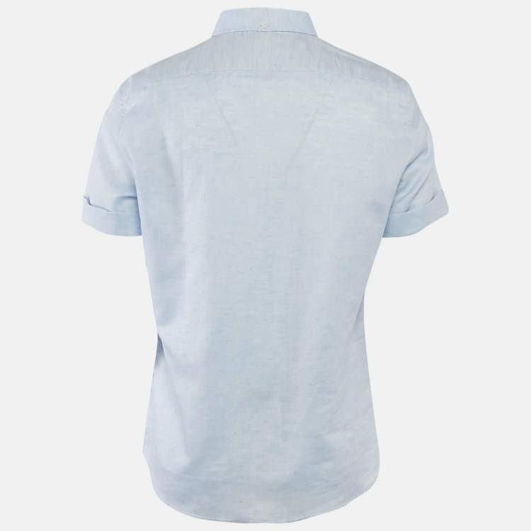 Pre Owned Brunello Cucinelli Light Blue Patterned Linen Blend Half Sleeve Shirt L