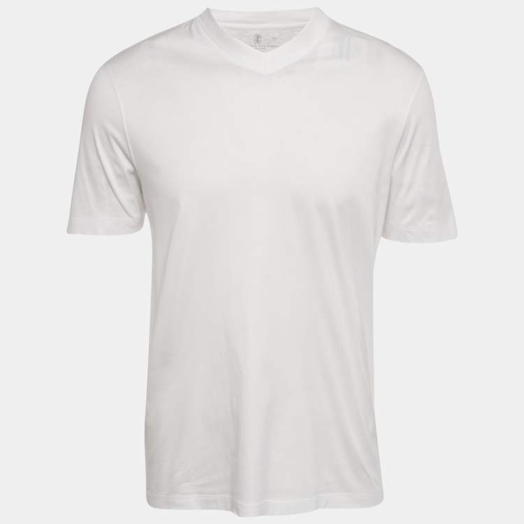 Pre Owned Brunello Cucinelli White Cotton Jersey V Neck T-Shirt M