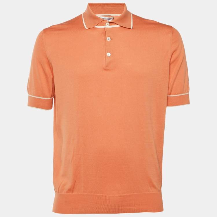 Pre Owned Brunello Cucinelli Orange Cotton Knit Polo T-Shirt L