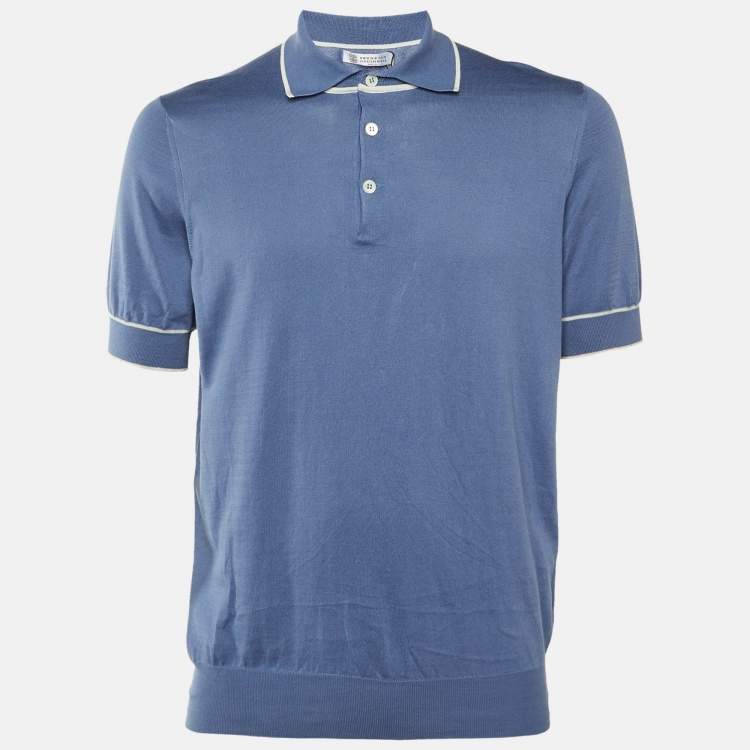 Pre Owned Brunello Cucinelli Blue Cotton Knit Polo T-Shirt L