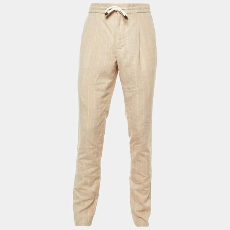 Pre Owned Brunello Cucinelli Beige Striped Linen & Wool Leisure Fit Pants M