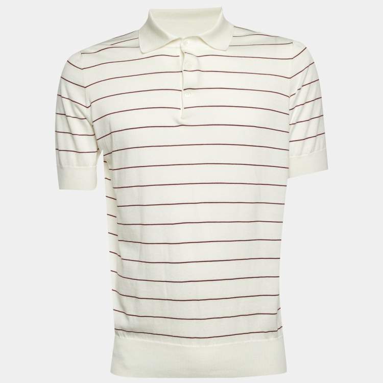Pre Owned Brunello Cucinelli White Striped Cotton Knit Polo T-Shirt L