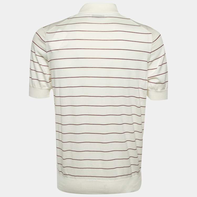 Pre Owned Brunello Cucinelli White Striped Cotton Knit Polo T-Shirt L