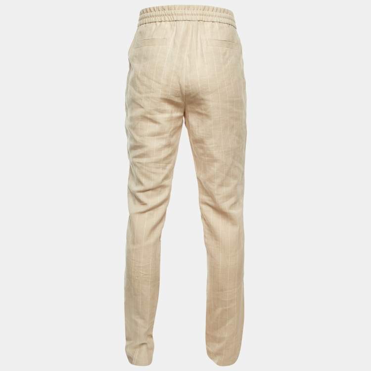 Pre Owned Brunello Cucinelli Beige Striped Linen & Wool Drawstring Waist Trousers M