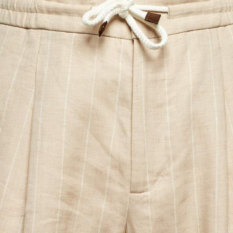 Pre Owned Brunello Cucinelli Beige Striped Linen & Wool Drawstring Waist Trousers M
