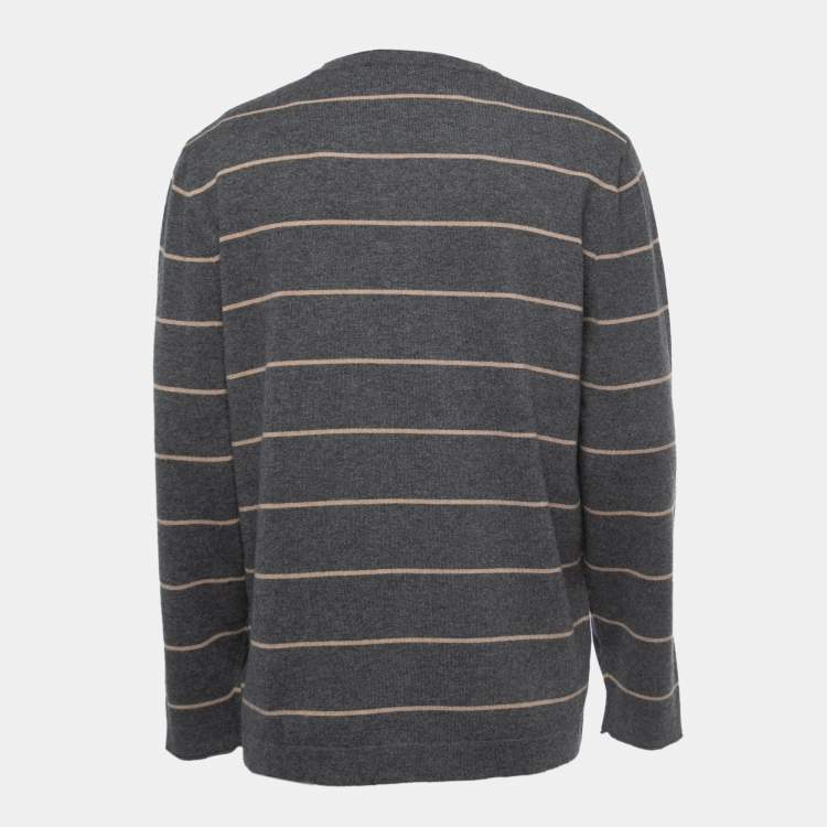 Pre Owned Brunello Cucinelli Grey Striped Cashmere Crew Neck Pullover XL
