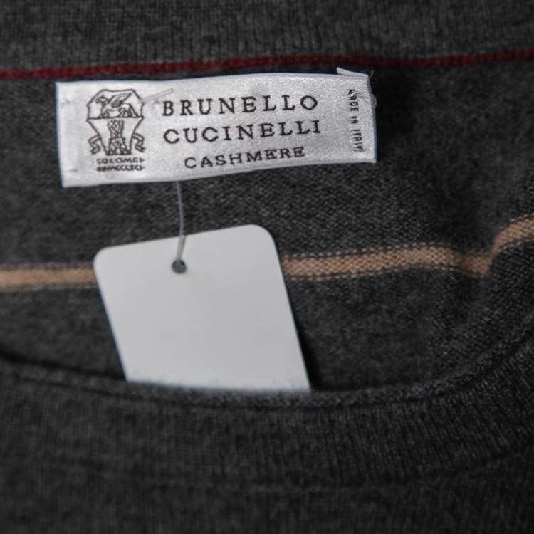 Pre Owned Brunello Cucinelli Grey Striped Cashmere Crew Neck Pullover XL