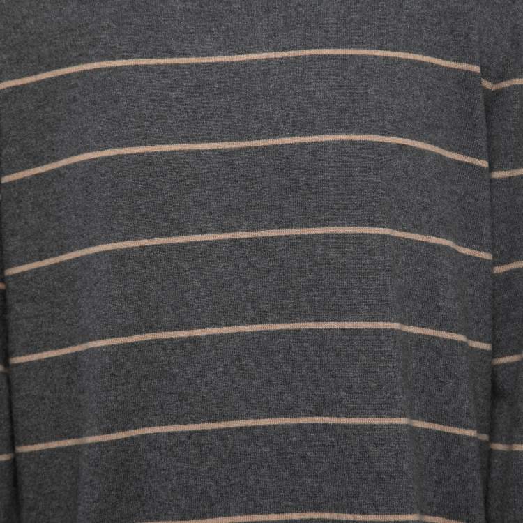 Pre Owned Brunello Cucinelli Grey Striped Cashmere Crew Neck Pullover XL