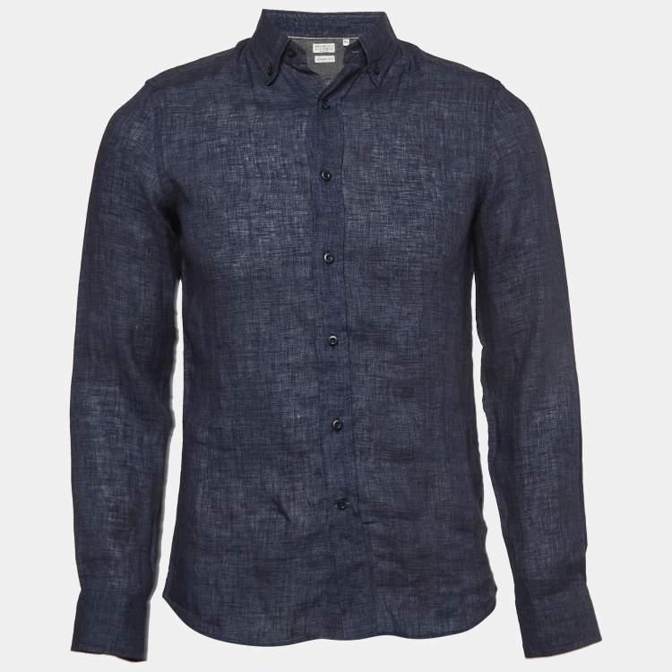 Pre Owned Brunello Cucinelli Navy Blue Solid Linen Washed Leisure Shirt XS