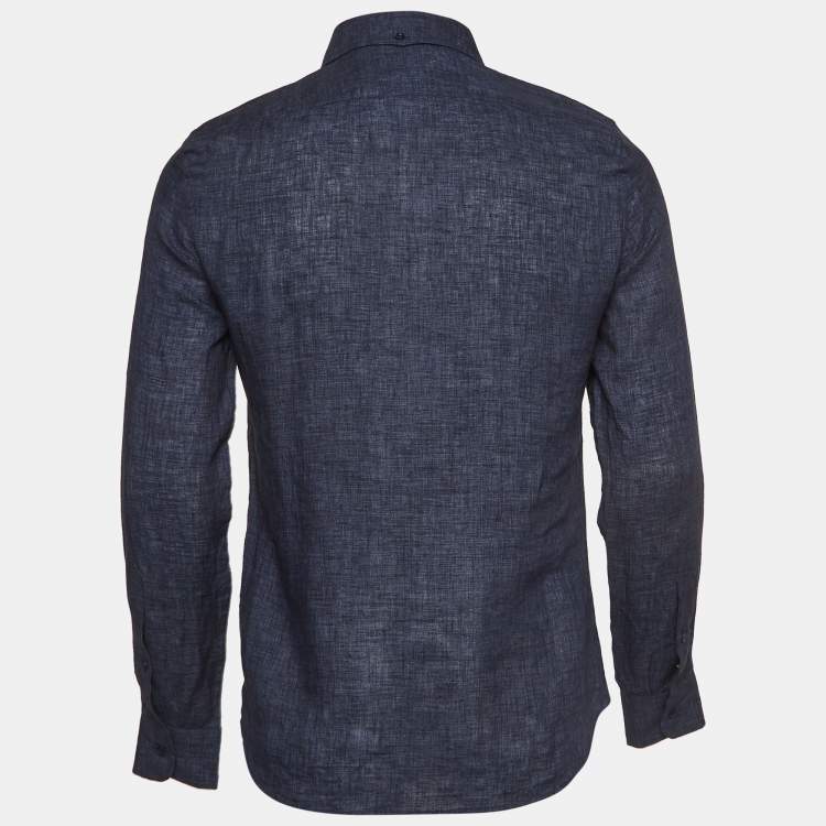 Pre Owned Brunello Cucinelli Navy Blue Solid Linen Washed Leisure Shirt XS